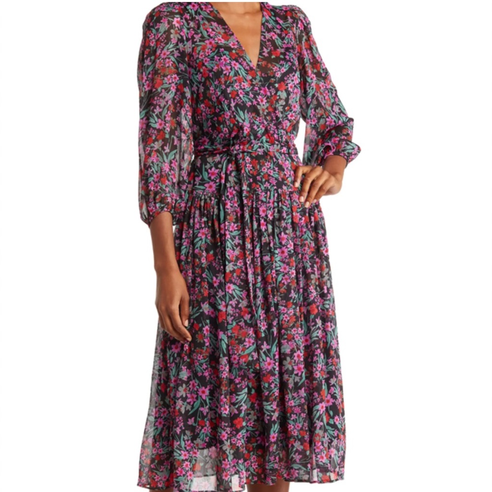 NWT Calvin Klein Floral Print‎ Faux Wrap Midi Dress Size 8 black pink